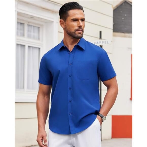 Mens Short Sleeve Dress Shirt Button Down Blue4 - Picture 3 of 5